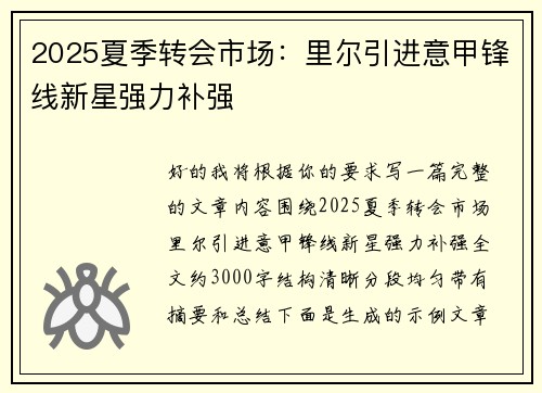 2025夏季转会市场：里尔引进意甲锋线新星强力补强